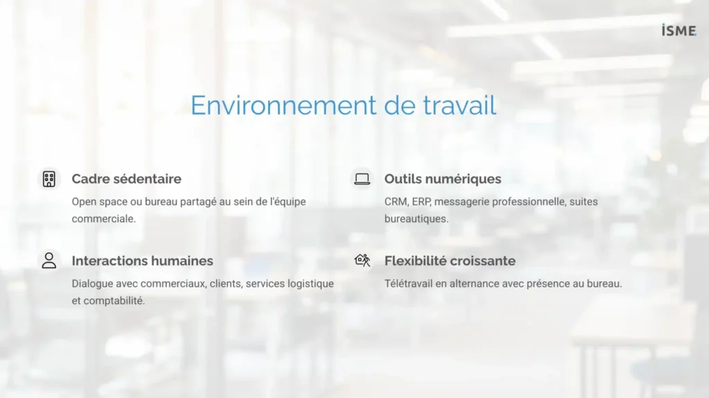 Une infographie qui montre l'environnement de travail d'un assistant commercial