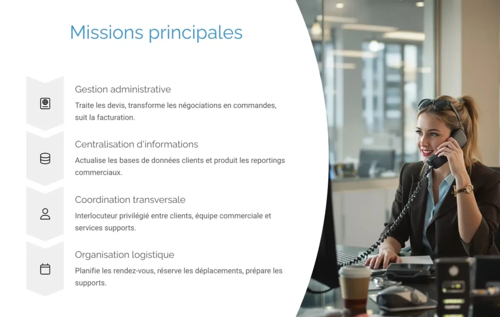 Une infographie qui montre les missions principales d'un assistant commercial