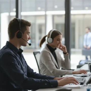 Une photographie de deux assistants commerciaux avec leur commercial attitré en fond
