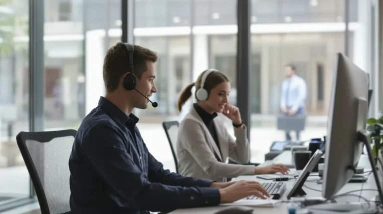 Une photographie de deux assistants commerciaux avec leur commercial attitré en fond