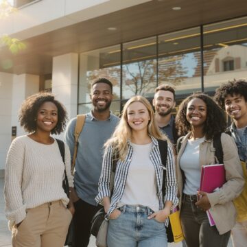 Des étudiants devant une école de commerce