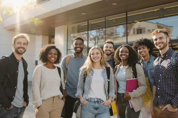Des étudiants devant une école de commerce