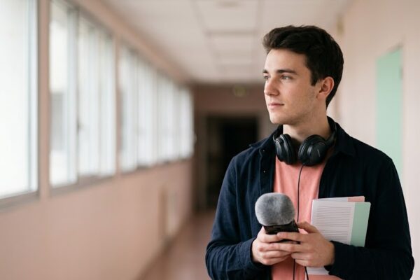 Alt : Portrait d'un étudiant en communication tenant un enregistreur audio dans un couloir lumineux