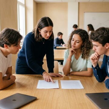 Quatre étudiants comparent deux documents posés sur une table dans une salle de projet lumineuse