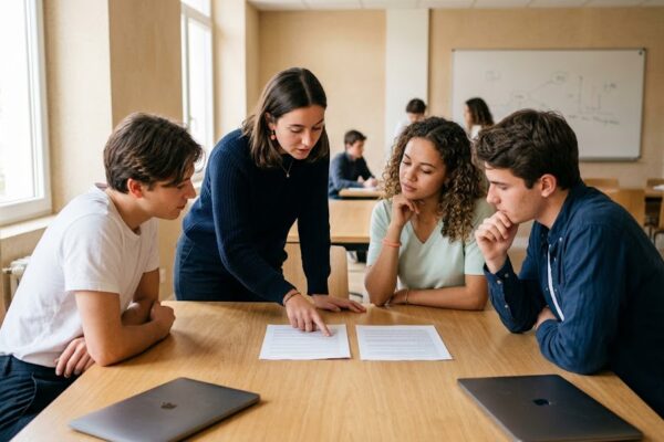 Quatre étudiants comparent deux documents posés sur une table dans une salle de projet lumineuse
