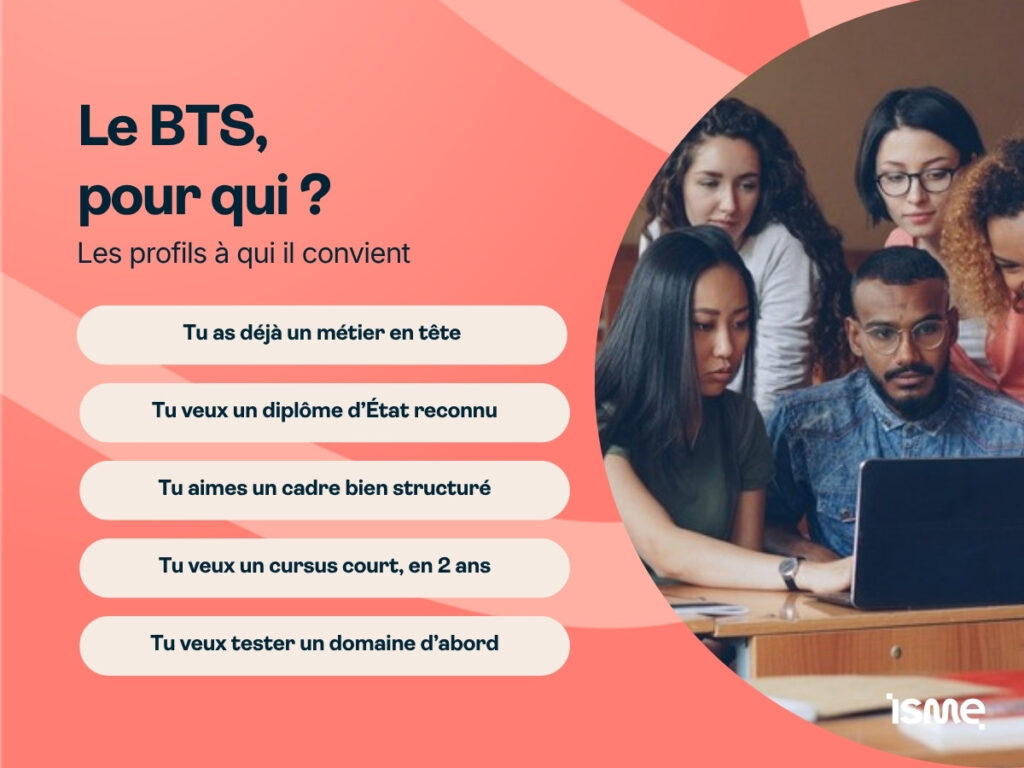 Profils à qui le BTS convient : métier en tête, diplôme d'État, cadre structuré, cursus court, domaine à tester