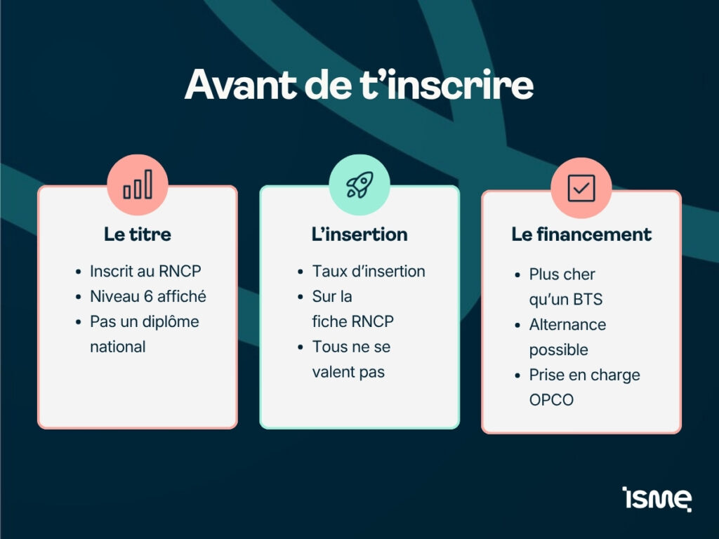 Avant de t'inscrire en bachelor, vérifie le titre RNCP, les taux d'insertion et le financement de la formation