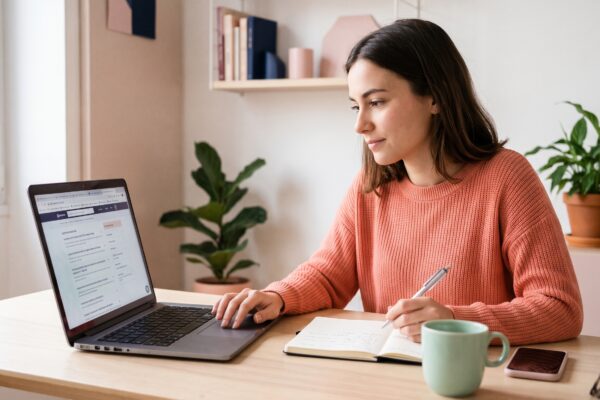 Étudiante en communication concentrée devant son ordinateur portable, un stylo à la main, effectuant des recherches en ligne sur un bureau épuré.