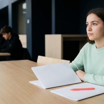 Bachelière qui hésite entre un BTS et un BUT, deux dossiers de formation posés devant elle